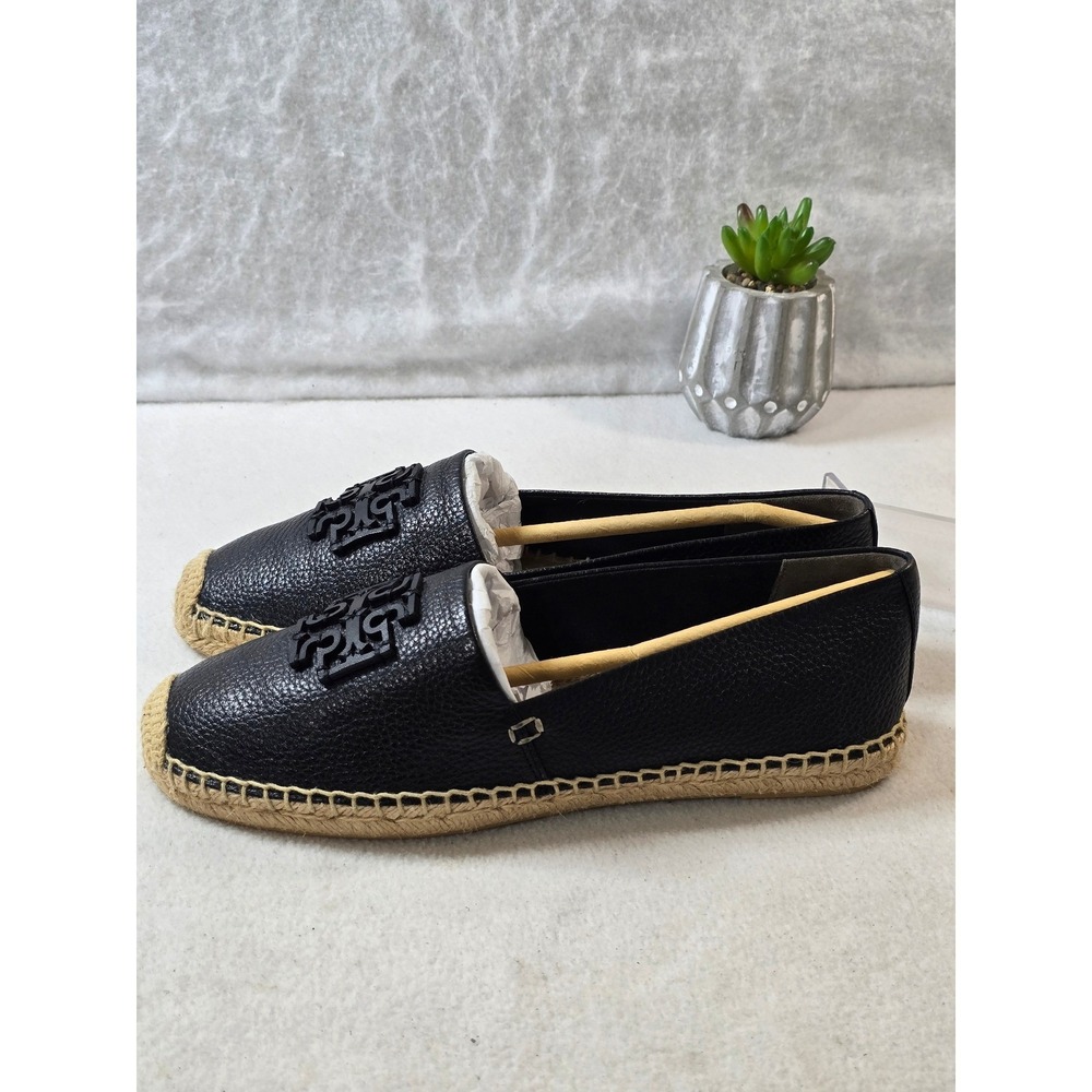 Tory Burch Espadrilles Leather Black Logo Slip On Loafers Shoes Size 8.5 - Picture 11 of 14